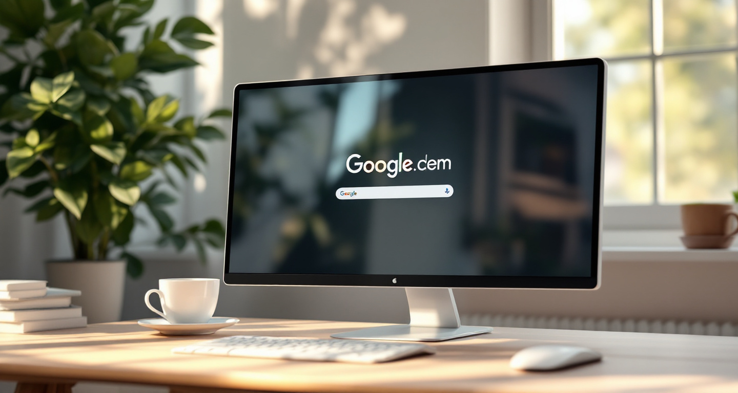 Illustration eines Google Suchportals mit Übergang von Länderdomains zu google.com