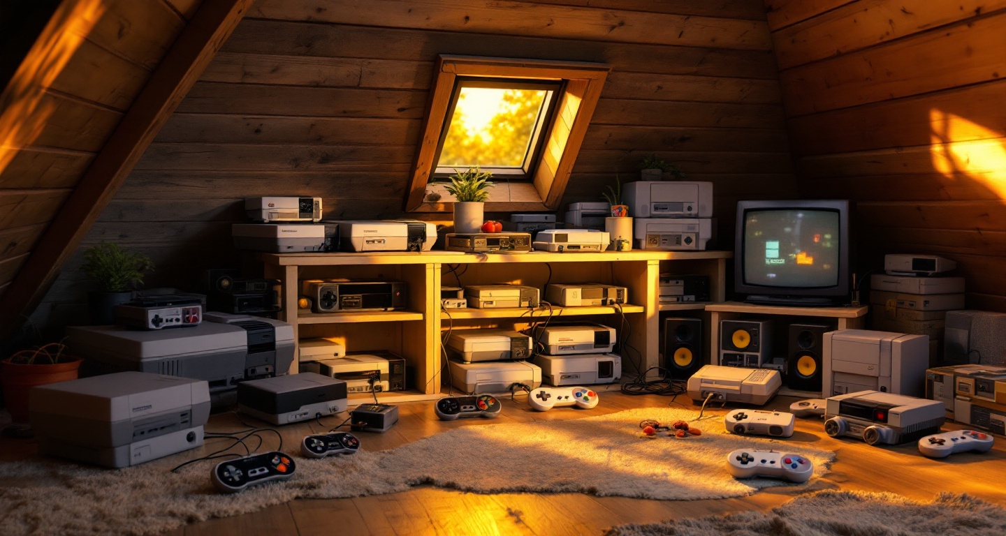 Sammlung klassischer Retro-Spielekonsolen auf einem Holzregal