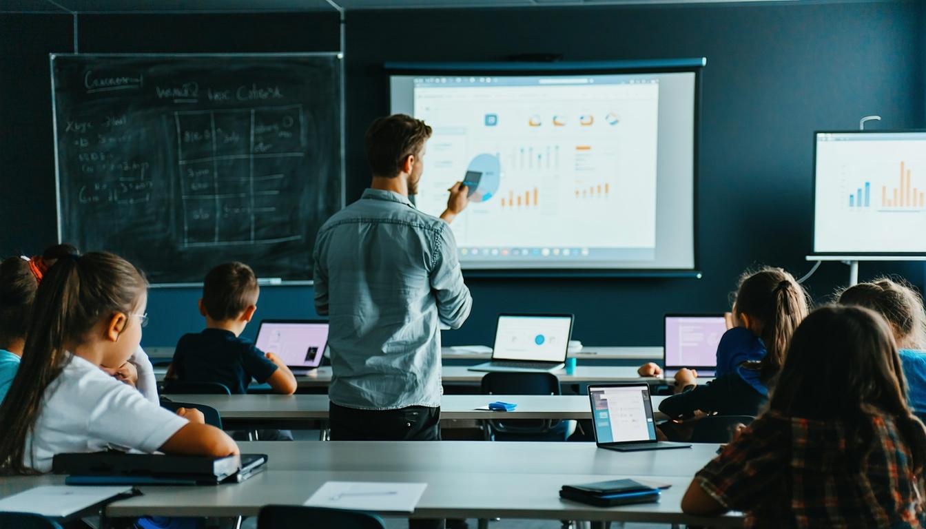 Ein moderner Klassenraum, in dem eine Lehrperson digitale KI-Tools nutzt, während die Schüler mit traditionellen Materialien arbeiten