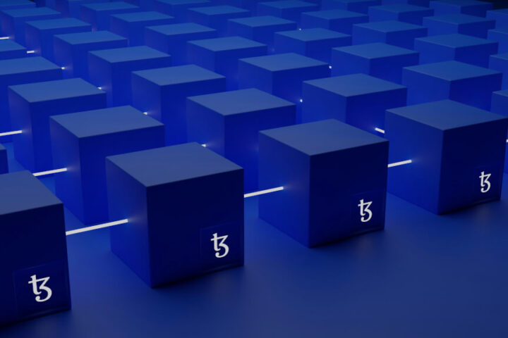 3D Illustration von blauen Würfeln, die eine Blockchain symbolisieren, passend zu Kryptowährungsinvestitionen