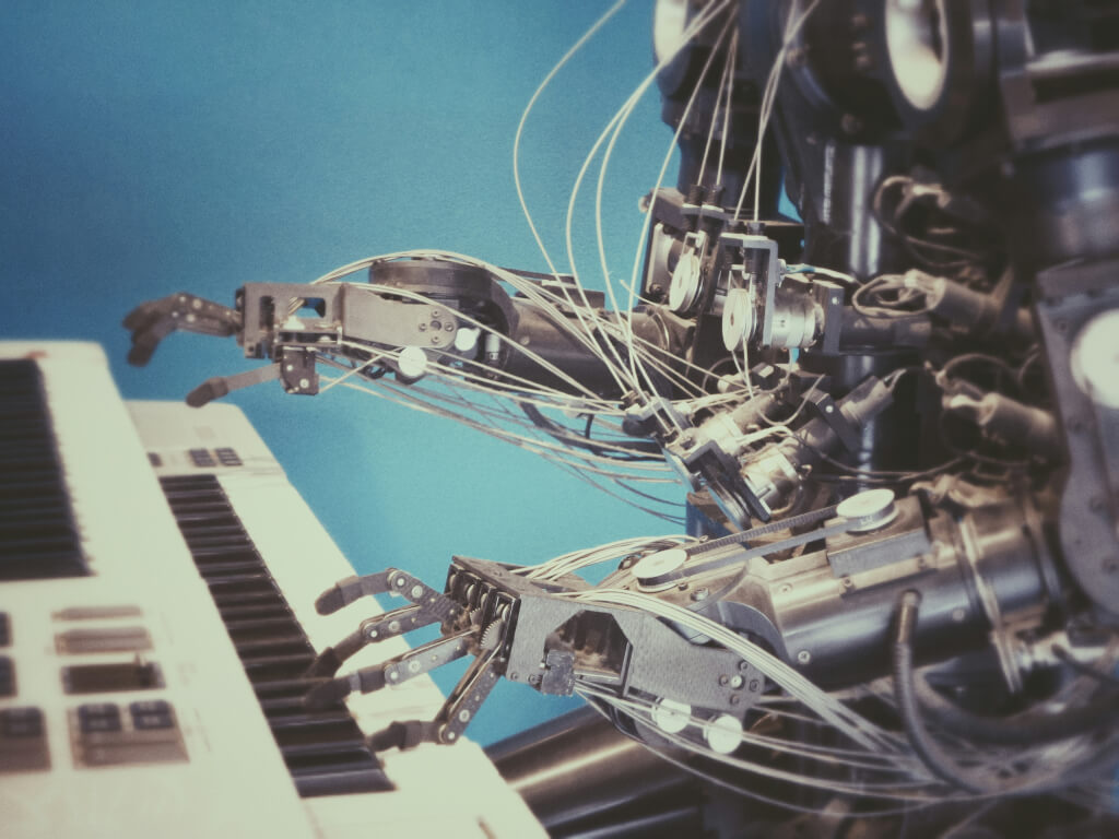 Robot playing piano symbolizing artificial intelligence and advanced AI capabilities