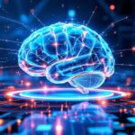 Digitales Gehirn mit leuchtenden Schaltkreisen in futuristischer Hightech-Umgebung