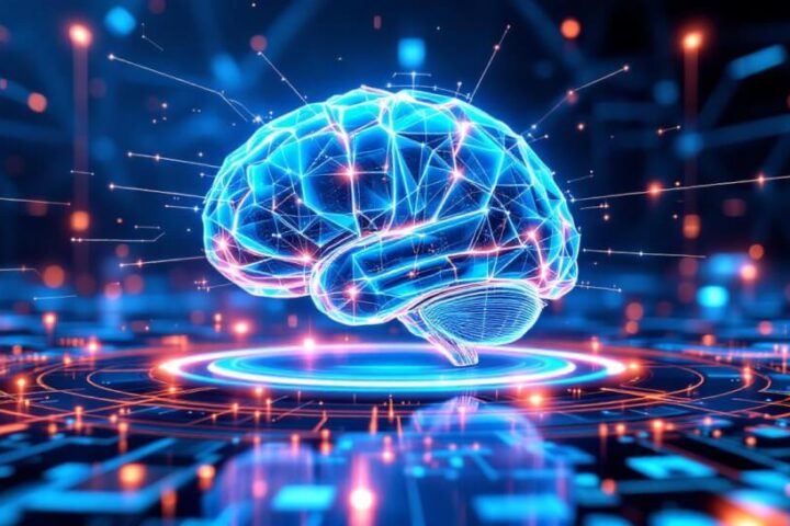 Digitales Gehirn mit leuchtenden Schaltkreisen in futuristischer Hightech-Umgebung