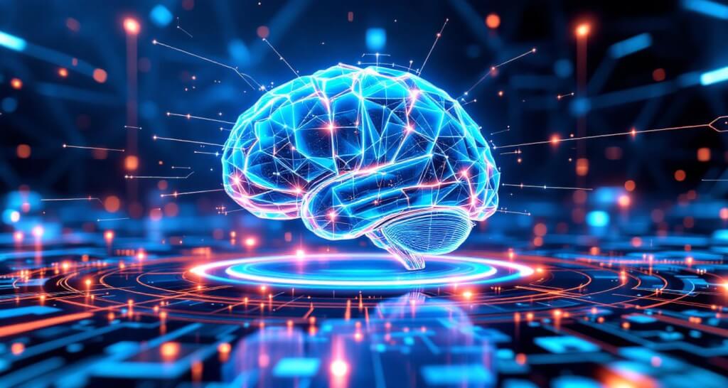 Digitales Gehirn mit leuchtenden Schaltkreisen in futuristischer Hightech-Umgebung